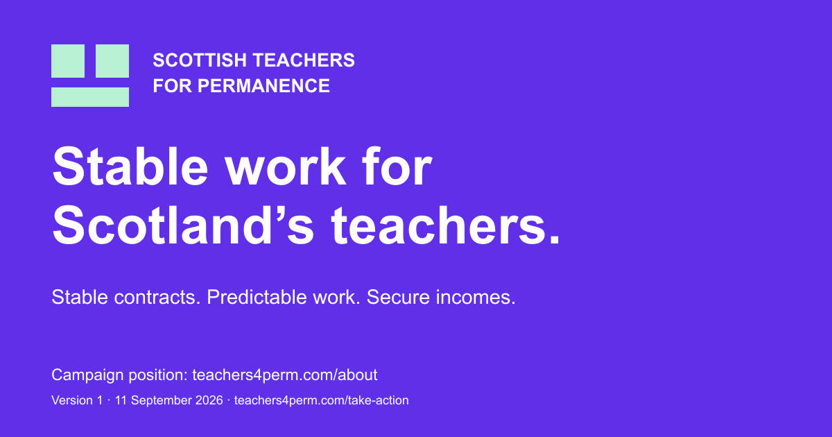 Stable work for Scotland’s teachers. Stable contracts. Predictable work. Secure incomes. Read the campaign’s position at teachers4perm.com/about. Version 1, 11 September 2026.